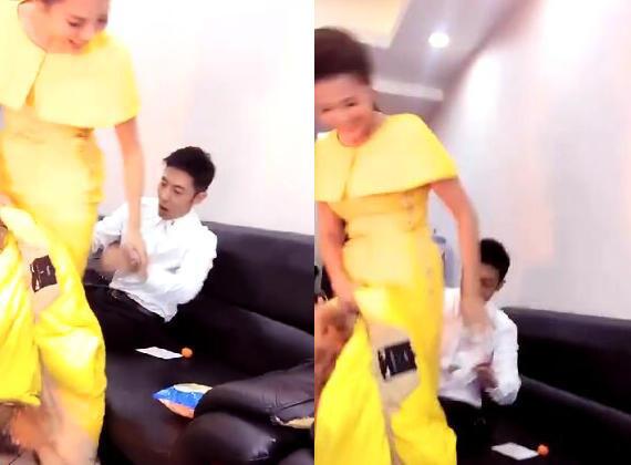 朱迅不小心一屁股坐到橘子上了 撒贝宁急急忙忙的跟她擦裙子后面