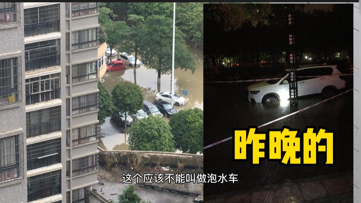 昨晚的一场春雷春雨过后，来宾多了几台“泡”水车，心疼车主