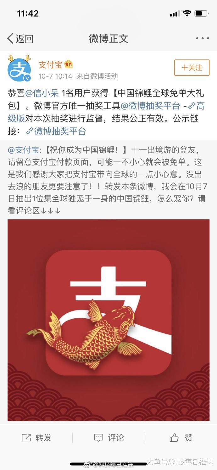 支付宝的中国锦鲤出现了，全球免