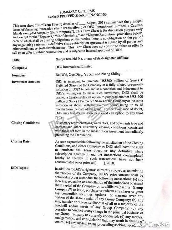 滴滴收购ofo意向书曝光。据新