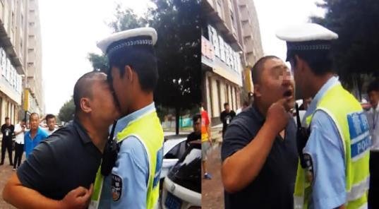 交警执法遇见奇葩男子, 不交罚单, 直接亲嘴