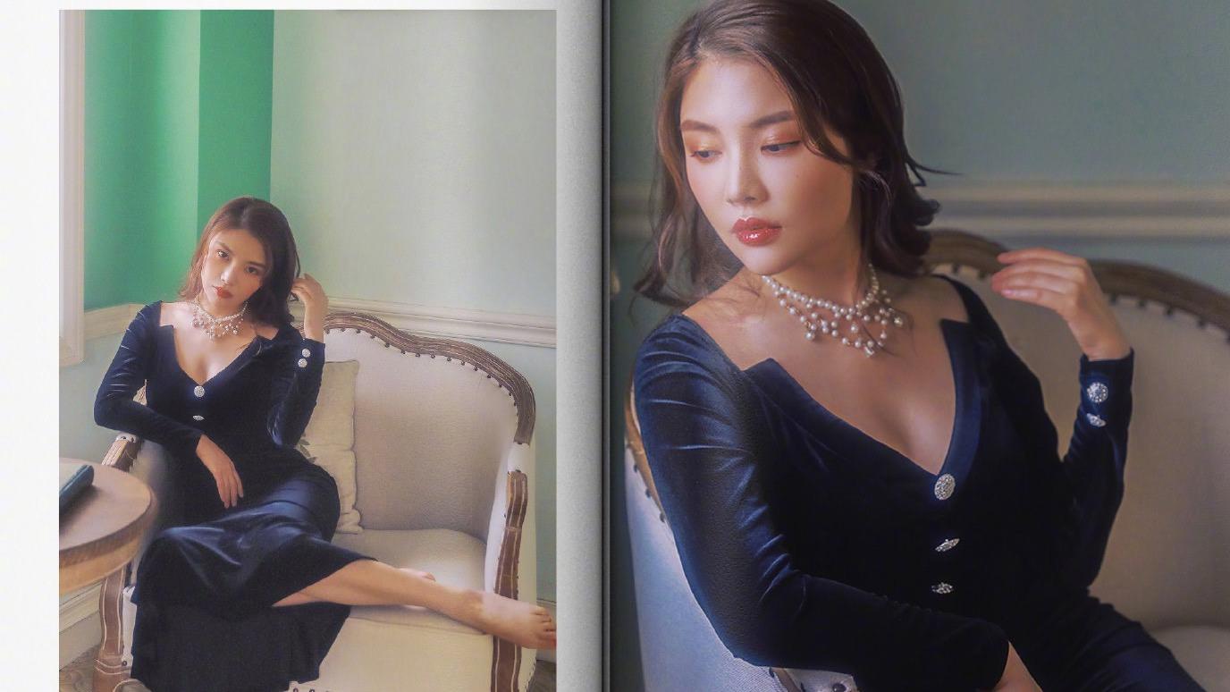 徐冬冬不愧是人间尤物，丝绒长裙曲线尽显，侧面一般人是顶不住的