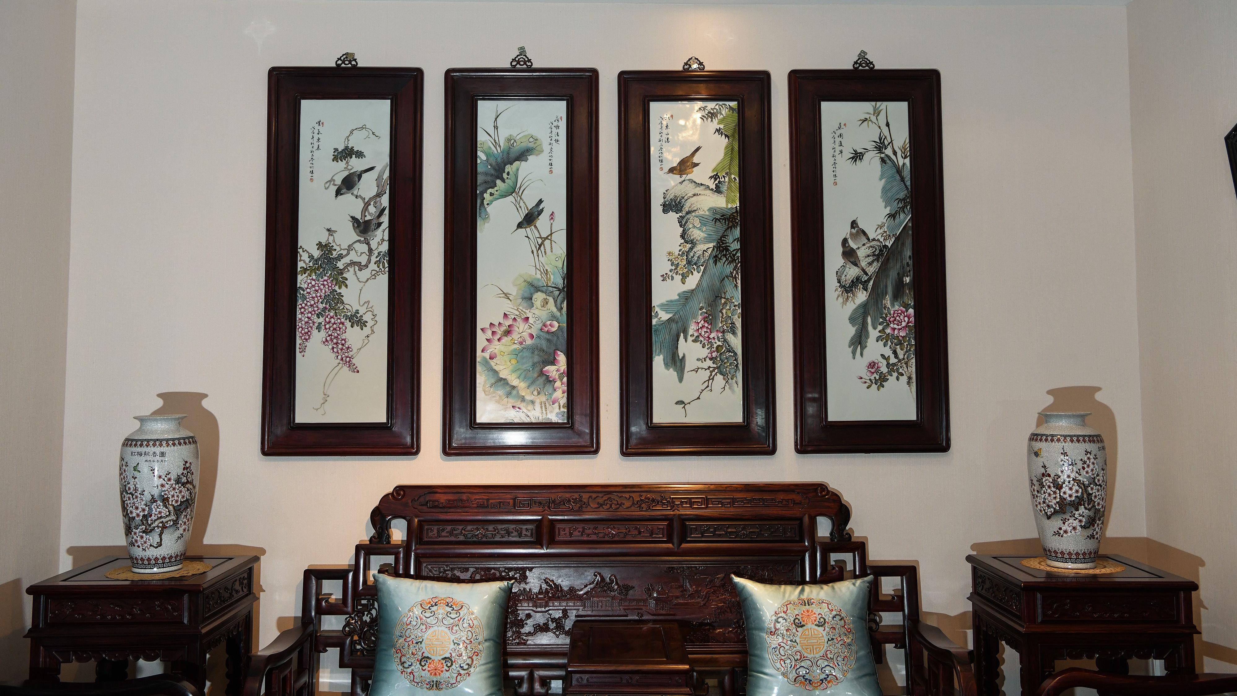 精品赏析—刘雨岑花鸟四条屏瓷板画