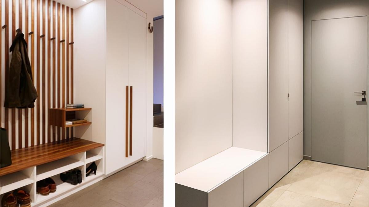玄关柜别乱装，柜体留空做T字型布局，堪比一个衣帽间，值得学习