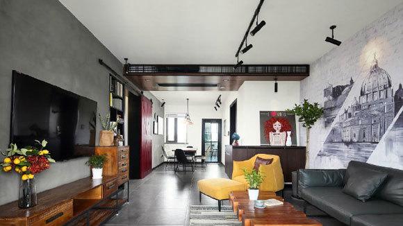 水泥色乳胶漆墙面，文化石背景墙，个性狂野的工业风装修设计