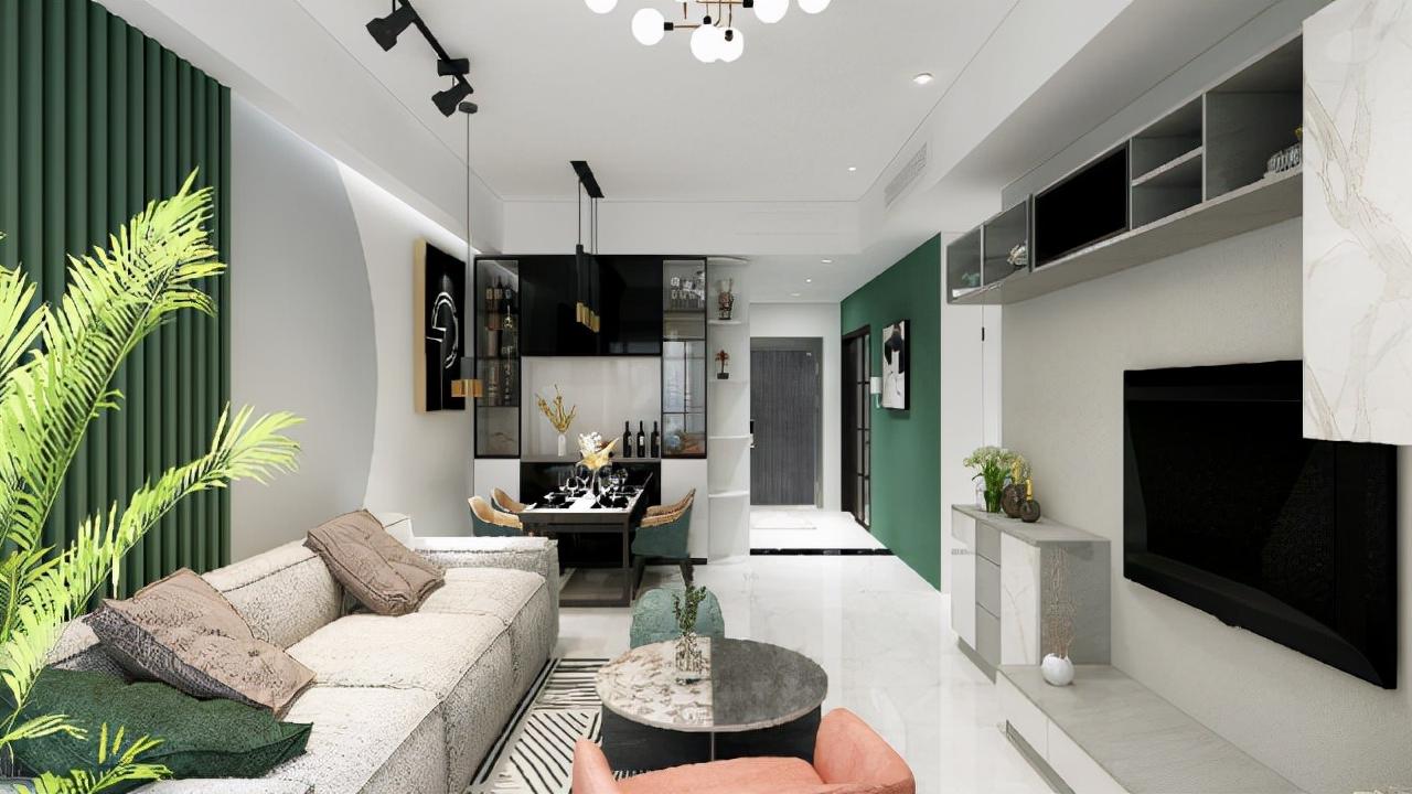 71平北欧风一居室，用墨绿色、脏粉打造清新的居室