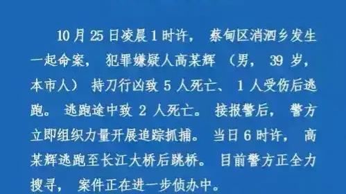 以身说法 男子杀害村支记一家五口后，逃亡时又致两人死亡，目前男子已跳桥