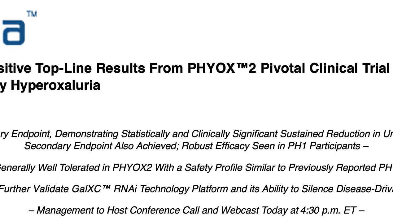 草酸 PH在研新药Nedosiran，关键临床试验PHYOX2，取得积极顶线数据