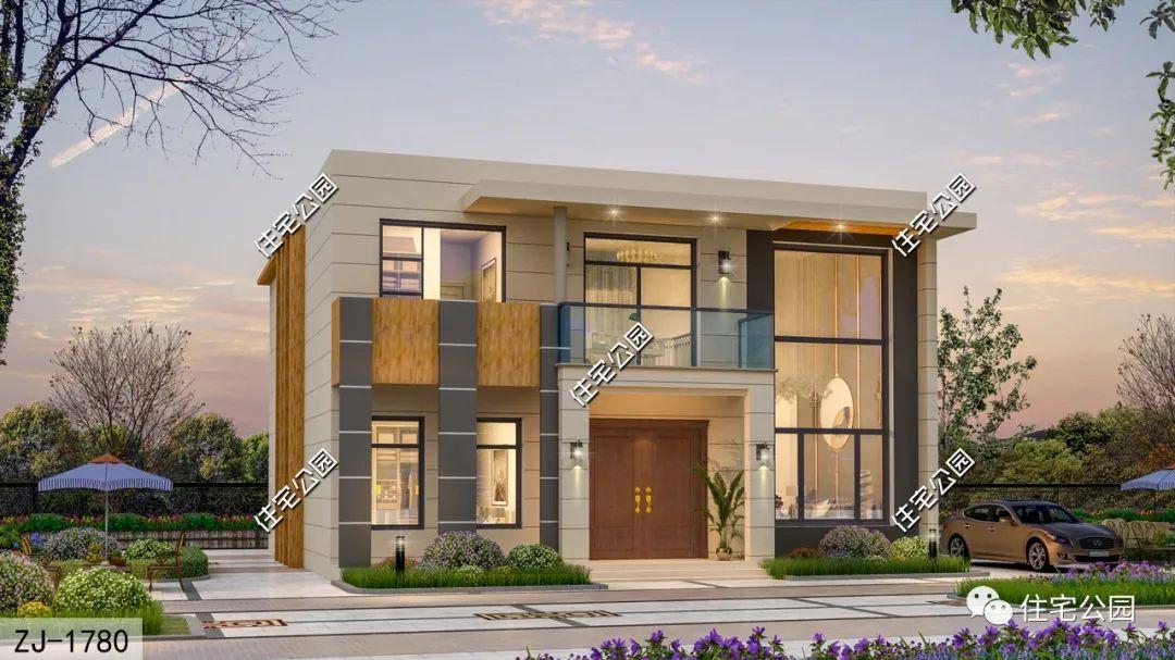 挑空客厅+落地窗+阳台，13×14米精致二层平屋顶别墅