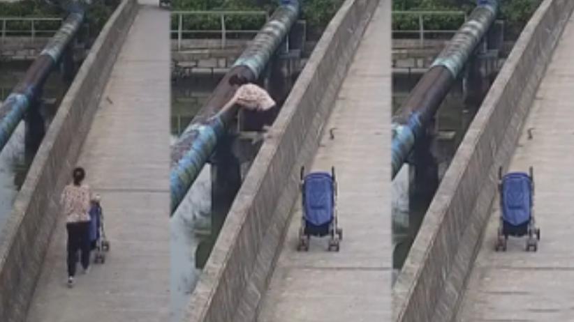 婴儿车 宁波年轻女子推婴儿车到桥上，随后头也不回地跳下，没有丝毫犹豫
