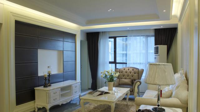 81平现代风三居室，石膏线和背景墙增加客厅的美观度