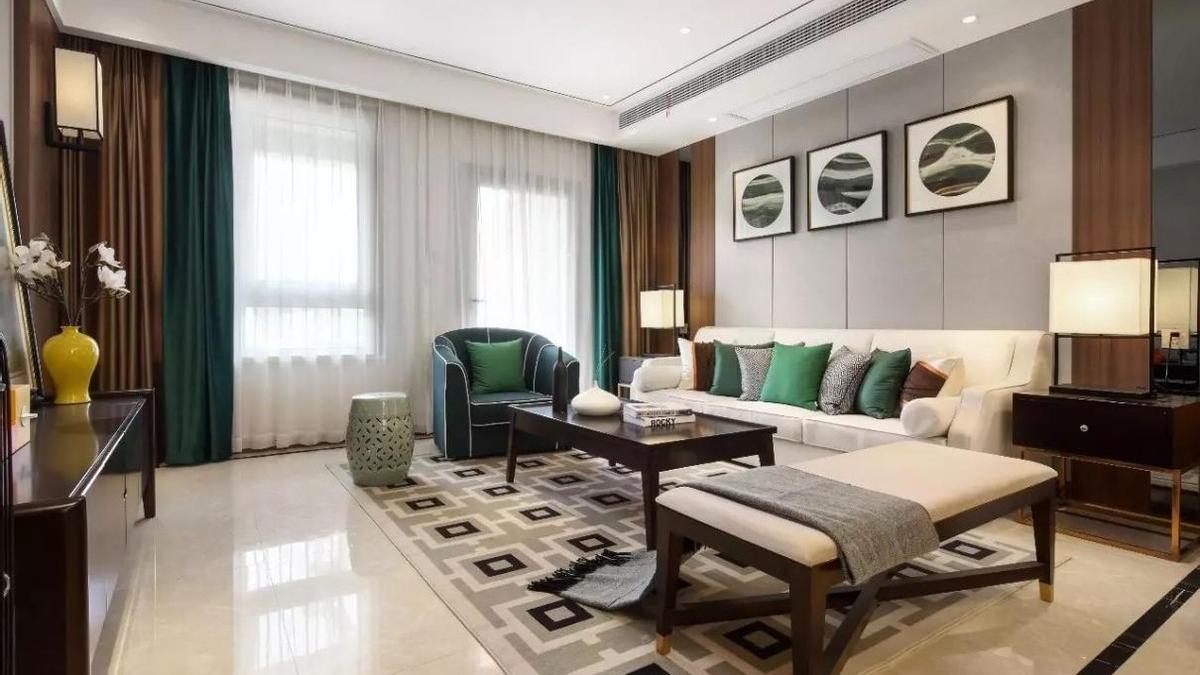 110㎡现代中式雅宅，客厅的一抹孔雀绿，尽显东方韵味~