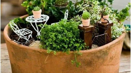 混凝土和油漆DIY花盆的花园