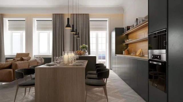 124平原木色与绿色搭配的橱柜，是客厅一道亮丽的风景线