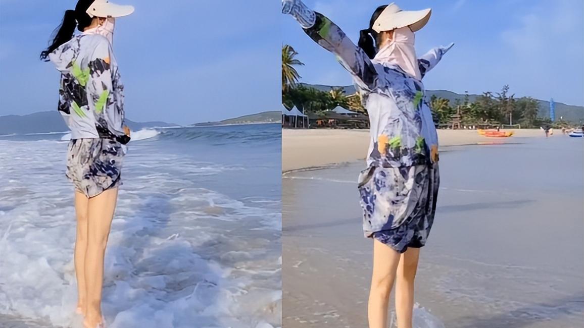 于文华|57岁于文华孤身去赶海！白皙大长腿紧致发光，踏浪玩泥沙太开心