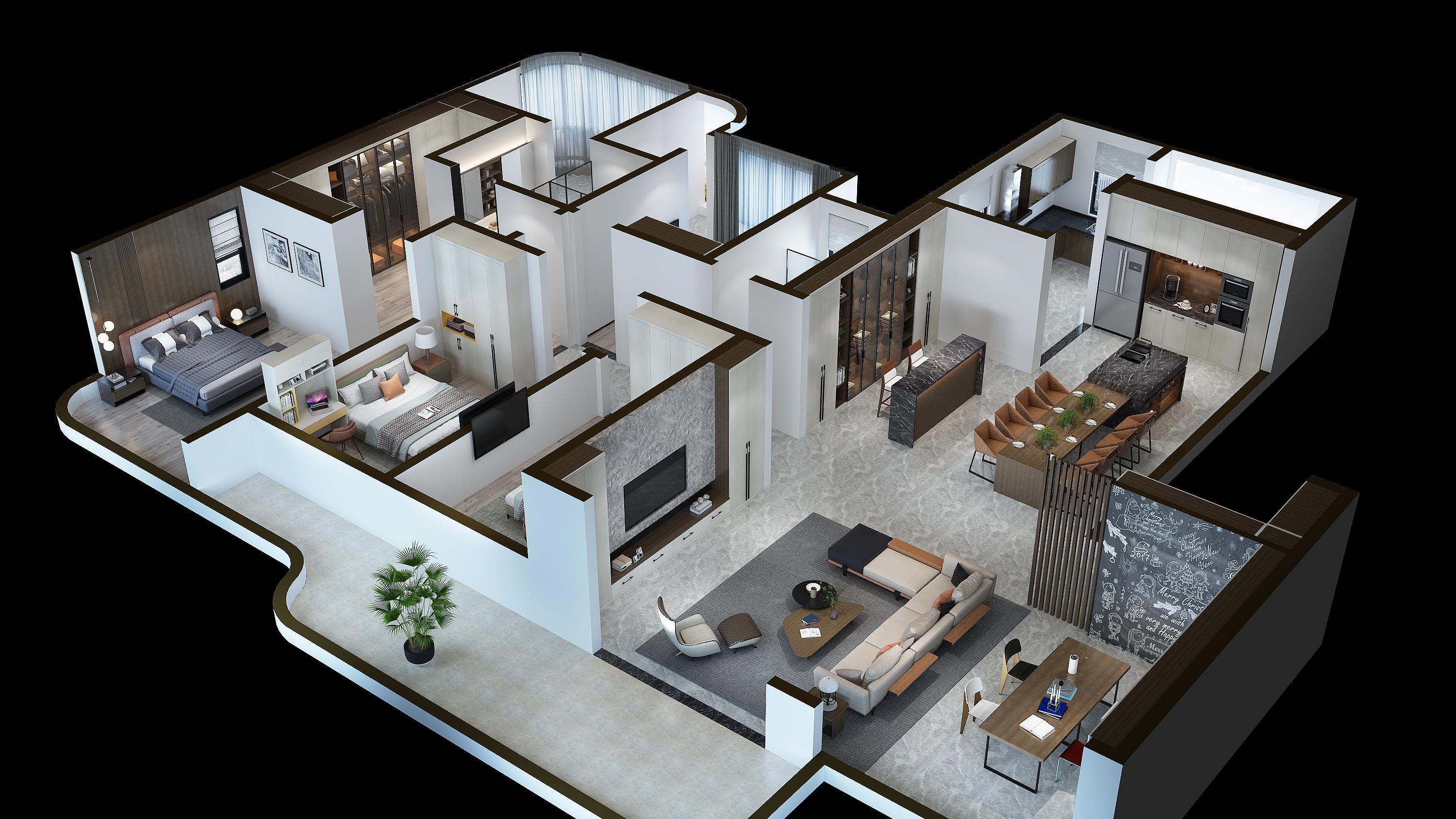 分享几套优秀家装整体效果鸟瞰图。