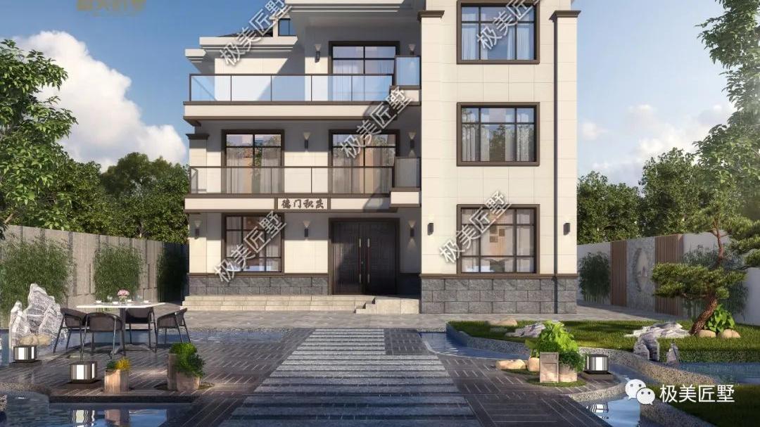 L型带点现代风元素的三层新中式别墅，您中意嘛？