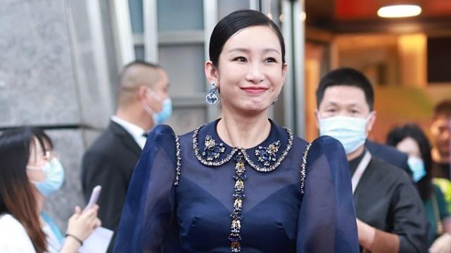 泡泡袖|中年的秦海璐还热衷泡泡袖，长纱裙透亮时尚，有点显胖但气势挺足