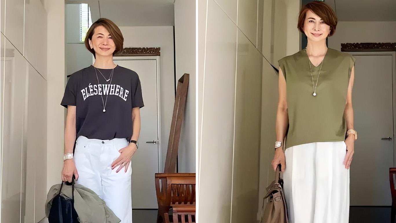 50+女人别穿得花里胡哨，这位日本主妇简单款配短发，大方显气质