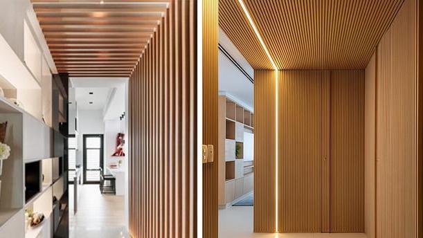 要装二套房了，这次打个样，玄关吊顶不用石膏板，木格栅效果更好