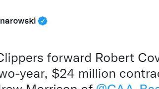 |Woj：考文顿已与快船达成2年价值2400万美元的提前续约合同