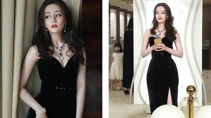 Angelababy|迪丽热巴黑色抹胸长裙高贵冷艳，身材完美