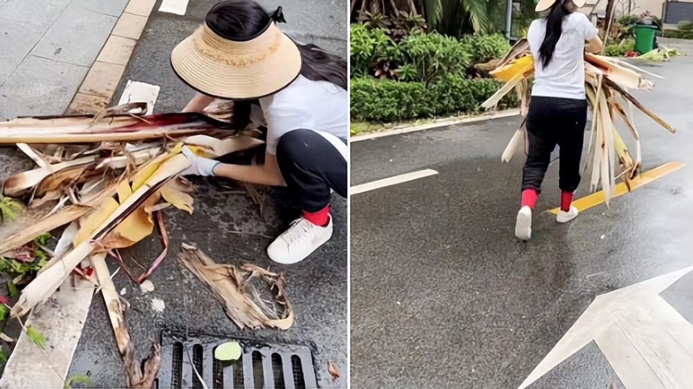 |马苏家中素颜砍树！蹲地上用手抱垃圾不怕脏，脚上一双红袜子抢镜