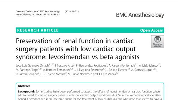 心脏|低心排血量综合征心脏手术患者肾功能留存: 左西孟旦 vs β受体激动剂