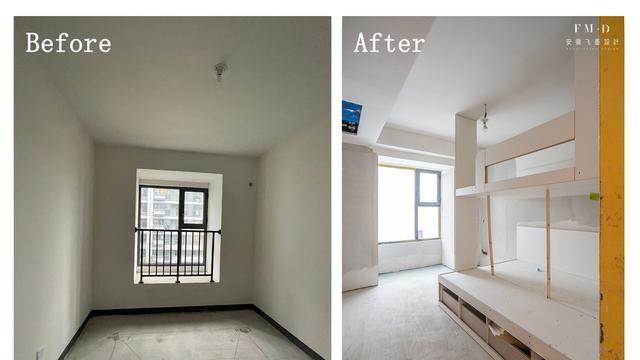 11㎡儿童房，请木工现场打造上下铺，衣柜、书桌也一并做了，实用