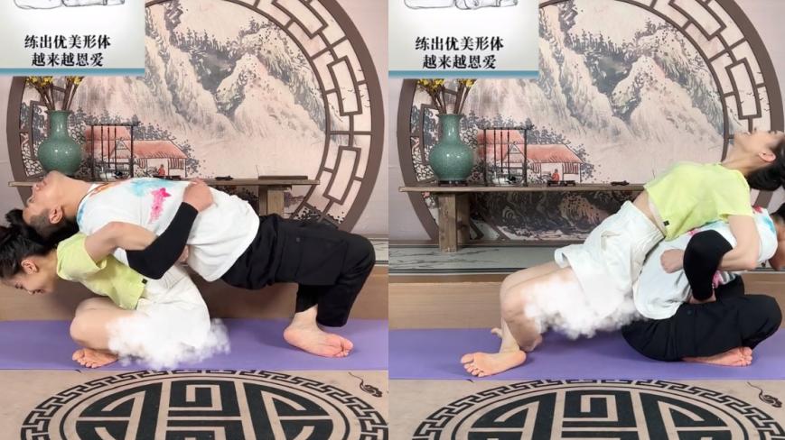 蕾哈娜|黄圣依与老公一起健身！用双脚疯狂踩其背部，拉伸太用力险些走光