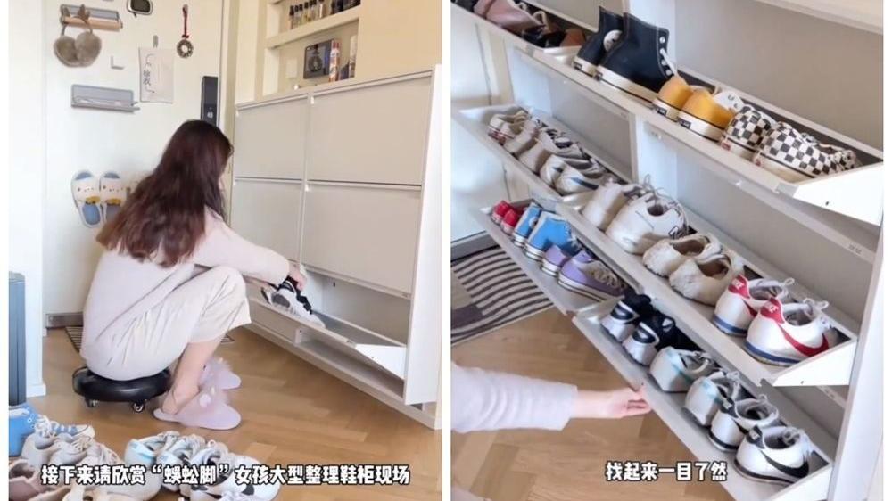 她利用玄关12CM尴尬空间，做出超窄鞋柜放18双鞋，空间利用没谁了