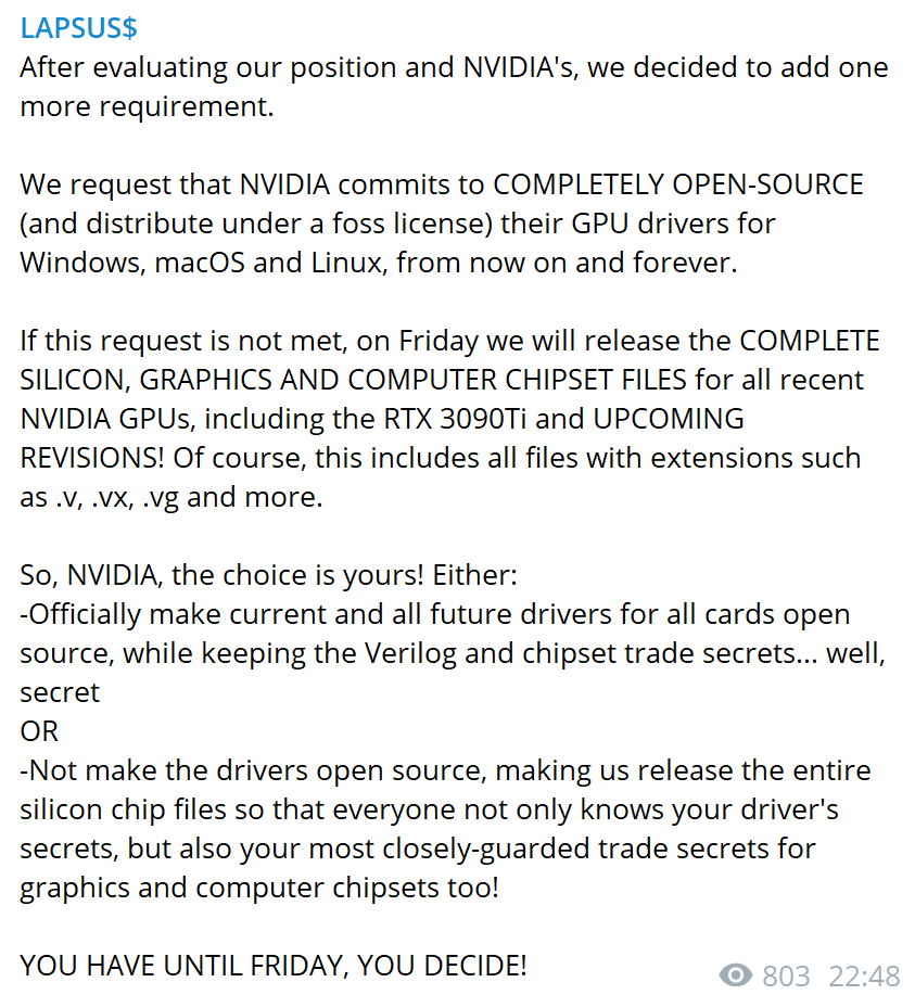 英伟达|黑客公开威胁NVIDIA：驱动必须开源 否则走着瞧