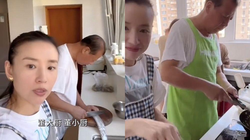 董洁|董洁带儿子回大连，跟父亲下厨做了一桌菜，豪宅宽敞依山傍水！