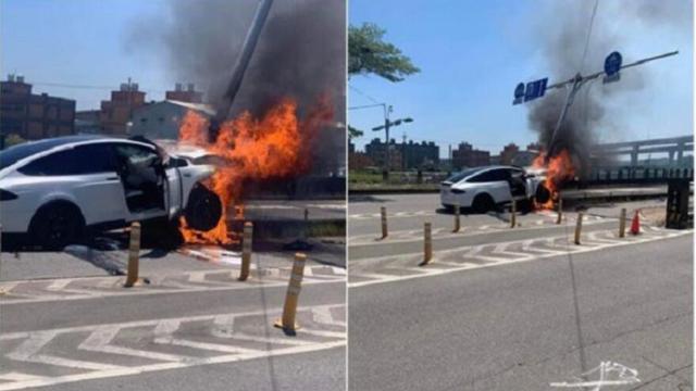 林志颖|林志颖父子车祸现场，特斯拉起火浓烟漫天，专业赛车手也难逃车祸