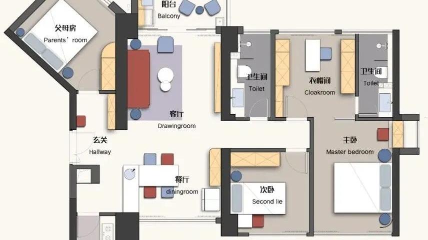 模数整装~国潮新家丨125㎡轻奢三居，大胆撞色+多功能套房