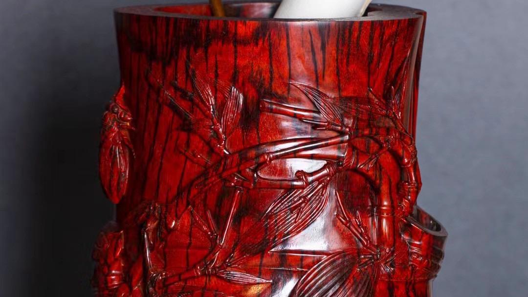 笔筒|文房赏玩，小叶紫檀，知足常乐，超大笔筒