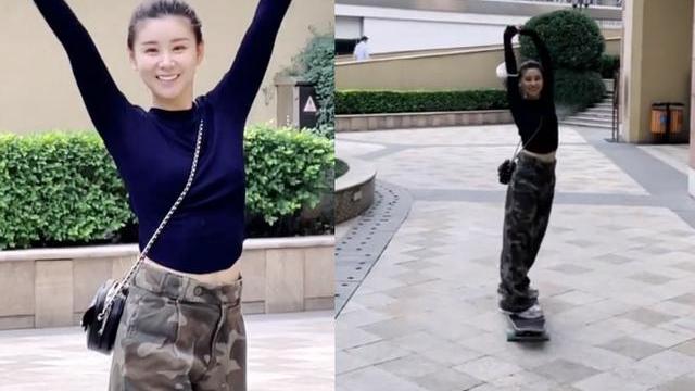 李小萌|李小萌生完二胎身材秒恢复！扎丸子头玩滑板，甜笑露白牙脸圆嘟嘟