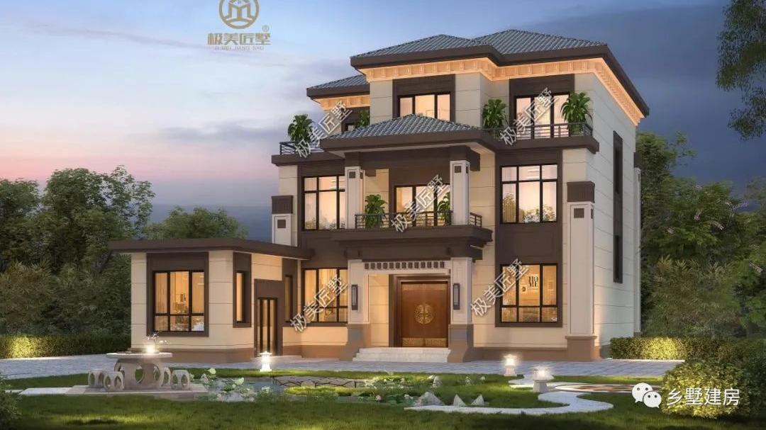 喜欢新中式别墅，不如这样建，有偏房设计，稳重大气接地气