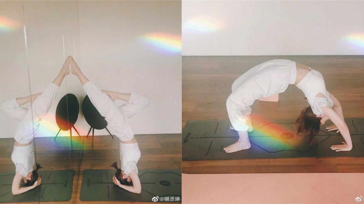 杨丞琳|37岁杨丞琳豪宅内做瑜伽，手肘撑地身体悬空，下腰画面美如画