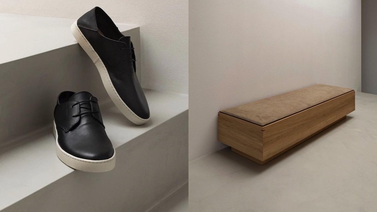 设计与极简鞋和橡木长凳相得益彰
