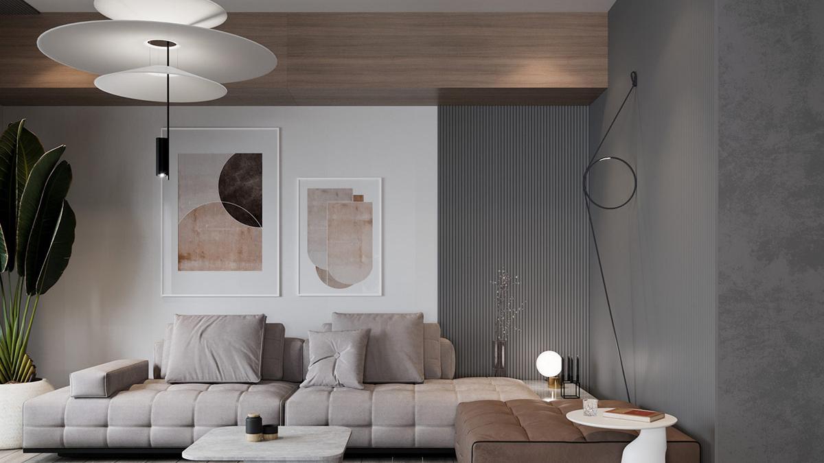 三个现代家居, 用灰色装饰和木质装饰打造舒适别致的内饰