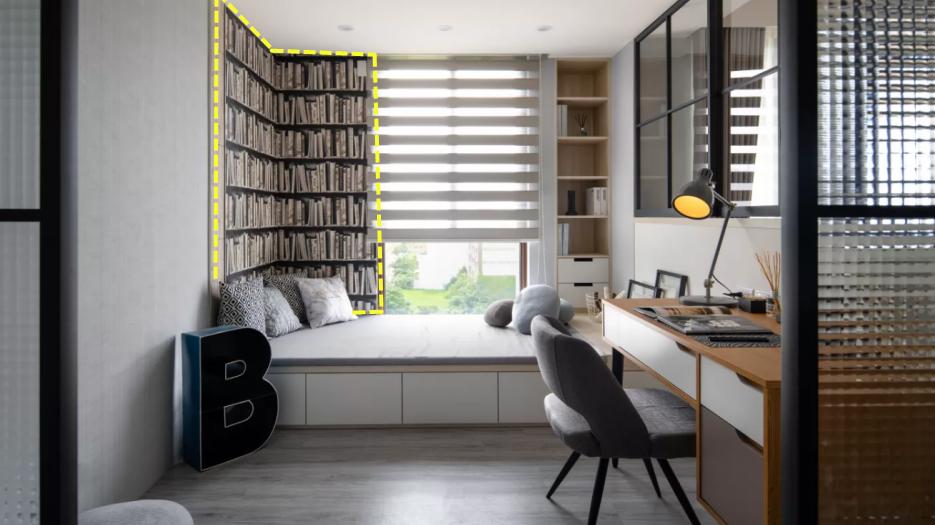 客厅沙发后方不打柜子，塞个书架进去，家里书再多也不怕没地放了