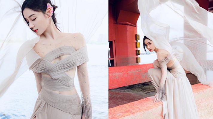 袁姗姗|袁姗姗百花奖造型太性感！上半身缠绕几条布带，站河边拍照不嫌脏