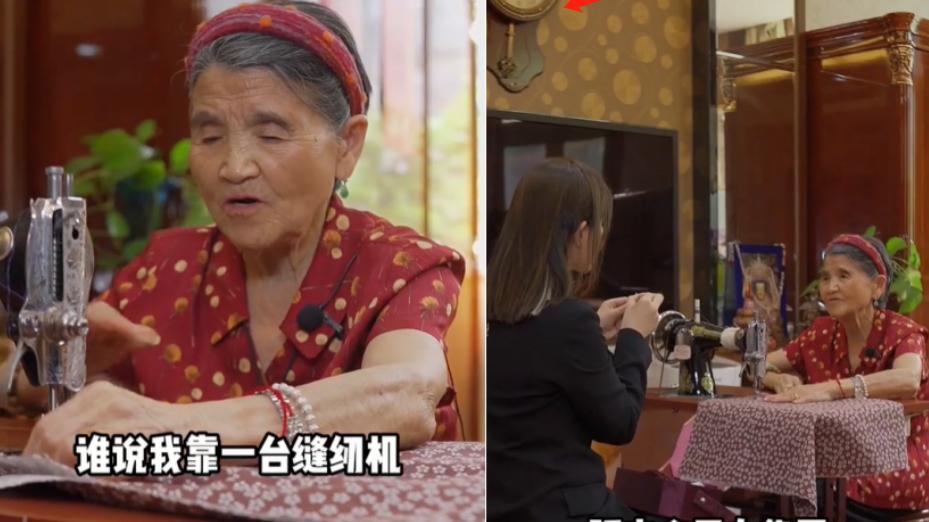 杨幂|杨子妈妈豪宅内踩缝纫机，两手满是珠宝太贵气，墙上复古挂钟抢镜