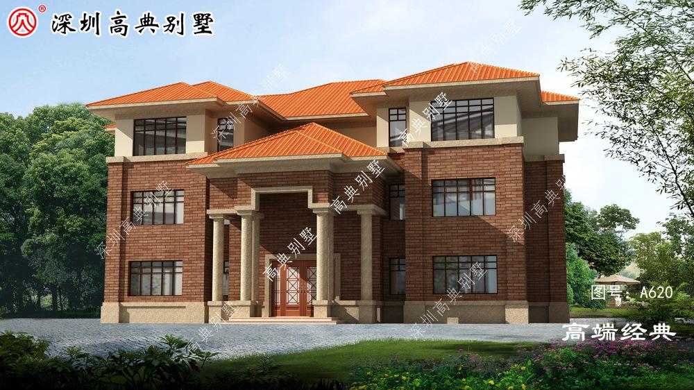 高挑罗马柱门廊，丰富别墅造型，立面造型更加连贯