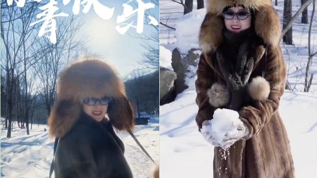 赵丽颖|赵丽颖穿貂大衣雪地里嗨玩！脸颊被冻通红，捧雪球大秀高抬腿动作
