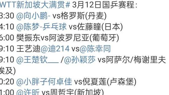 格兰特|陈梦、樊振东等10大国手打8场比赛！新加坡大满贯赛今日赛程出炉