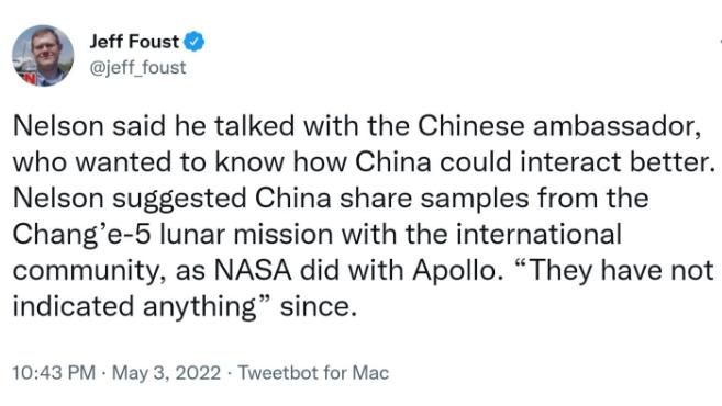 NASA局长建议：中国要分享嫦娥五号取回的月球样品，像阿波罗那样