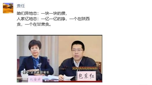 咱们异地恋:一块一块的攒，人家亿地恋:一亿一亿的挣，一个在陕西贪，一个在甘肃贪。