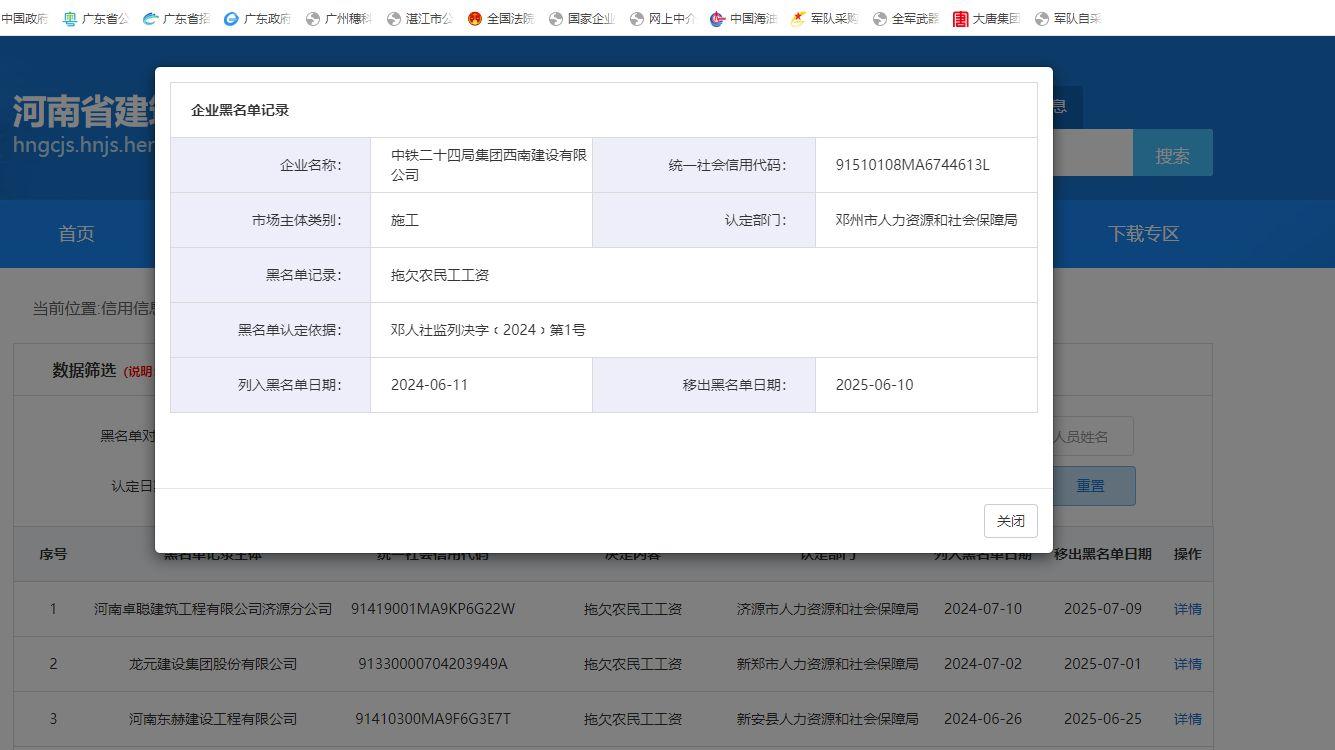 中铁二十四局集团西南建设有限公司因拖欠农民工工资被列入失信名单